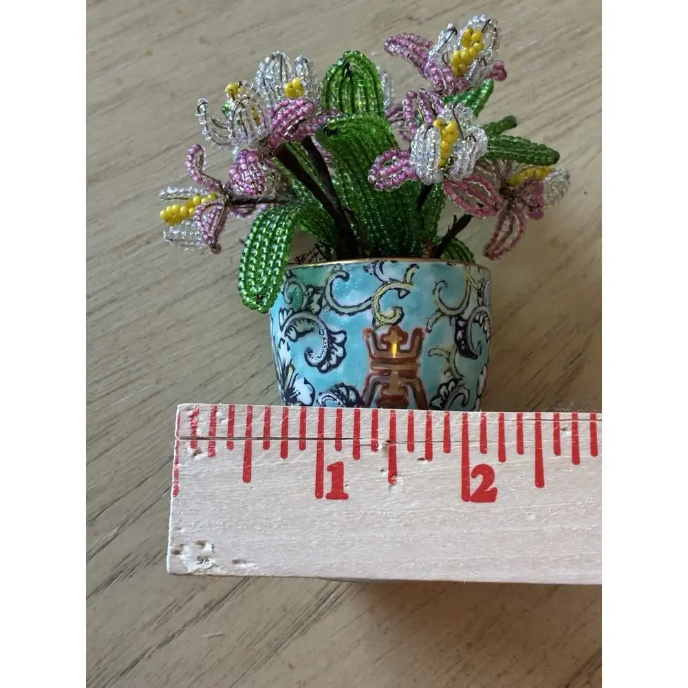 Vintage Handmade French Seed Beaded Flower Floral Bouquet Asian longevity Cup